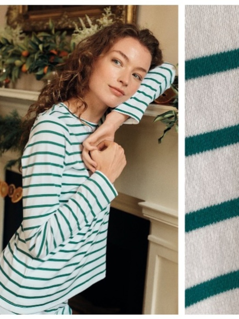LAKE Pajamas Green White Stripe Long Sleeve Pima Cotton Top Small